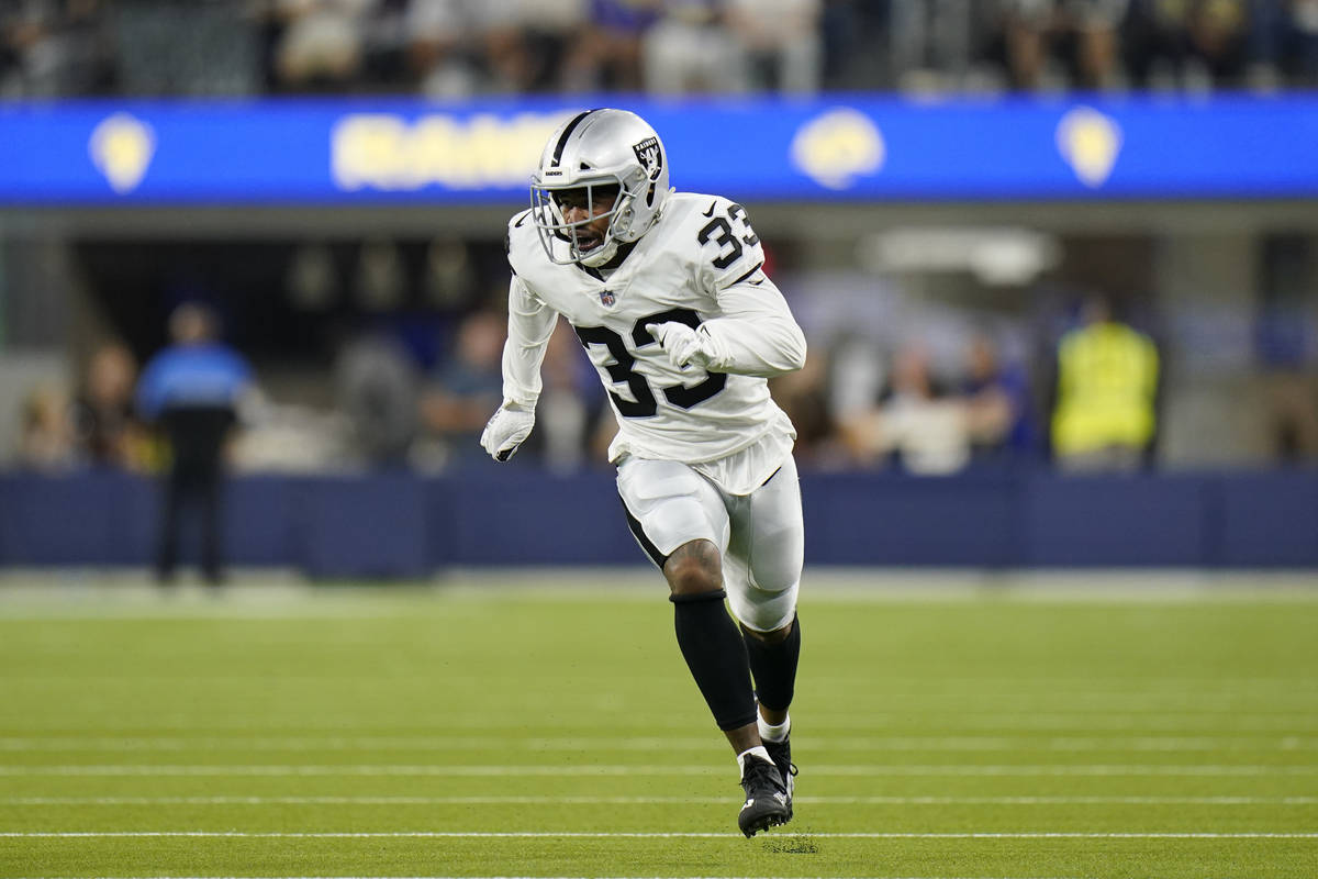 Las Vegas Raiders safety Roderic Teamer runs during the first half of a preseason NFL football ...