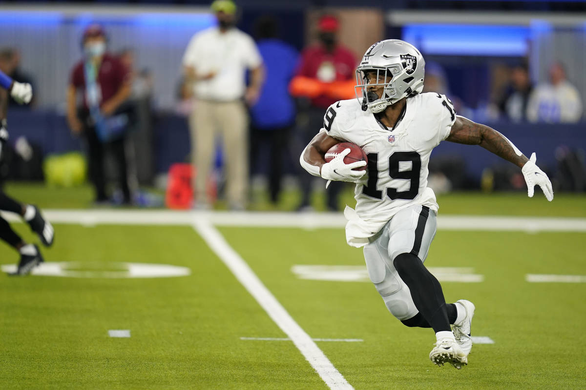 Las Vegas Raiders wide receiver DJ Turner (19) runs against the Los Angeles Rams during the fir ...
