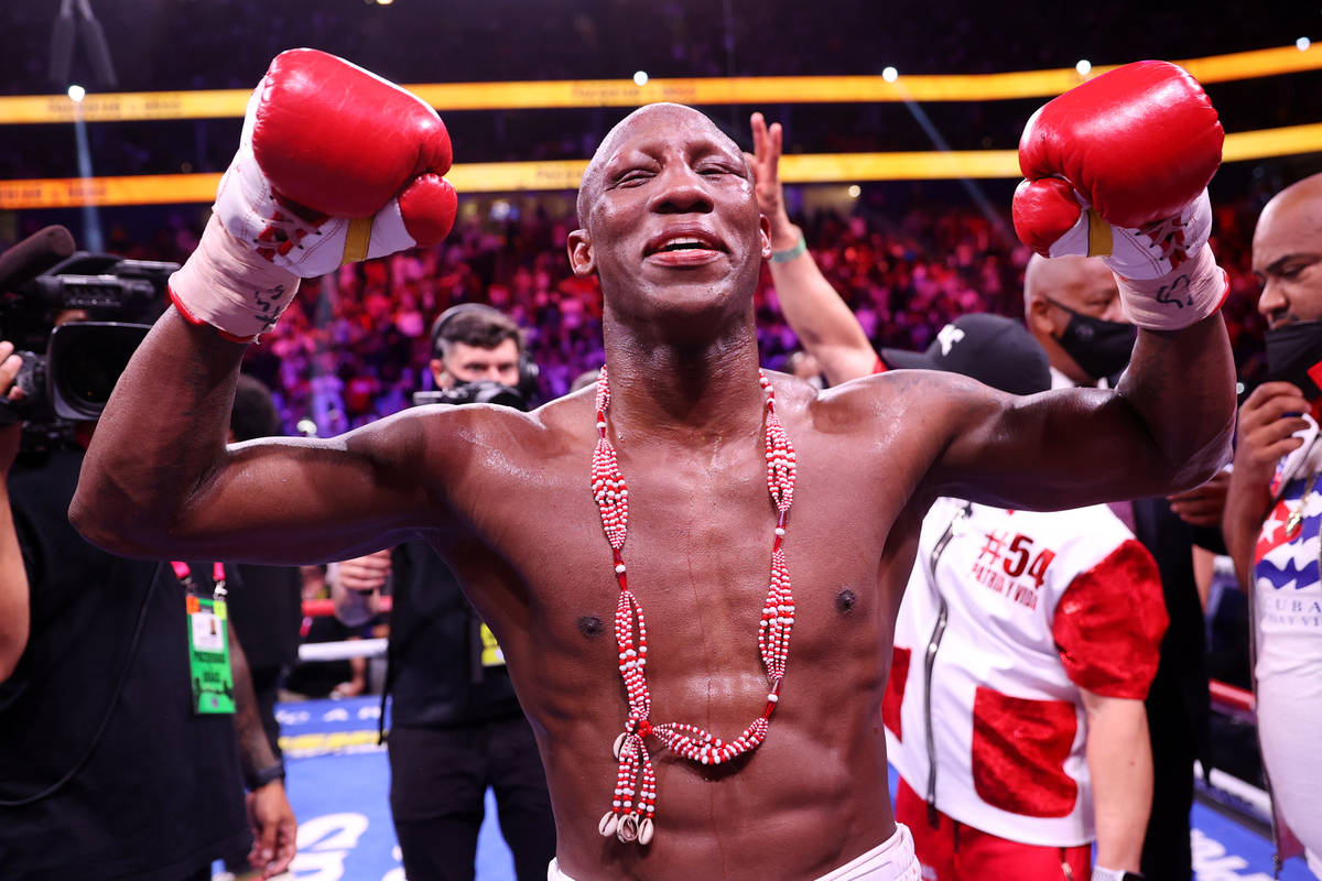Yordenis Ugas reacts at the end of his fight against Manny Pacquiao in the WBA World Welterweig ...