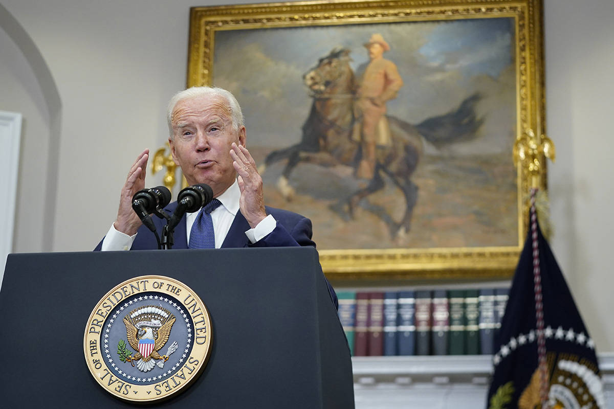 President Joe Biden speaks about Hurricane Henri and Afghanistan evacuations in the Roosevelt R ...