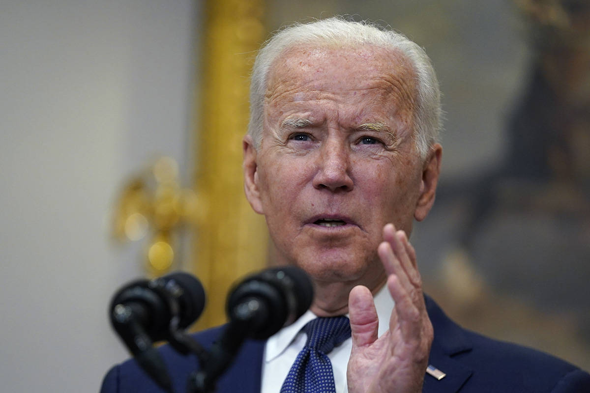 President Joe Biden speaks about Hurricane Henri and Afghanistan evacuations in the Roosevelt R ...