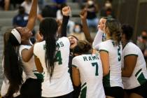 Rancho girls varsity volleyball cheers after winning the first match against Western High Schoo ...