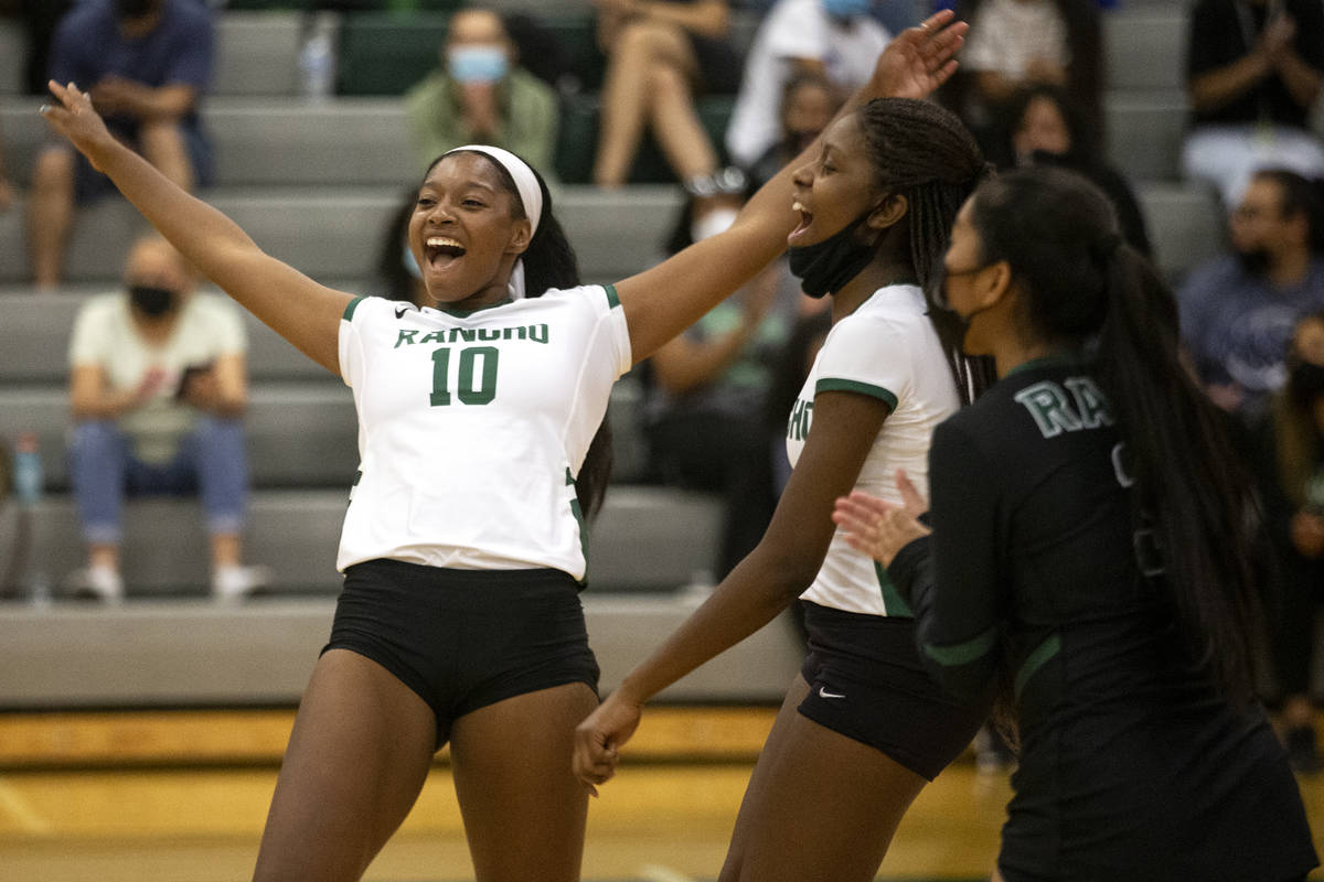 Rancho's Leah Miller (8), Aajaniya Wesley, second from right, and Adi Perez, right, celebrate a ...