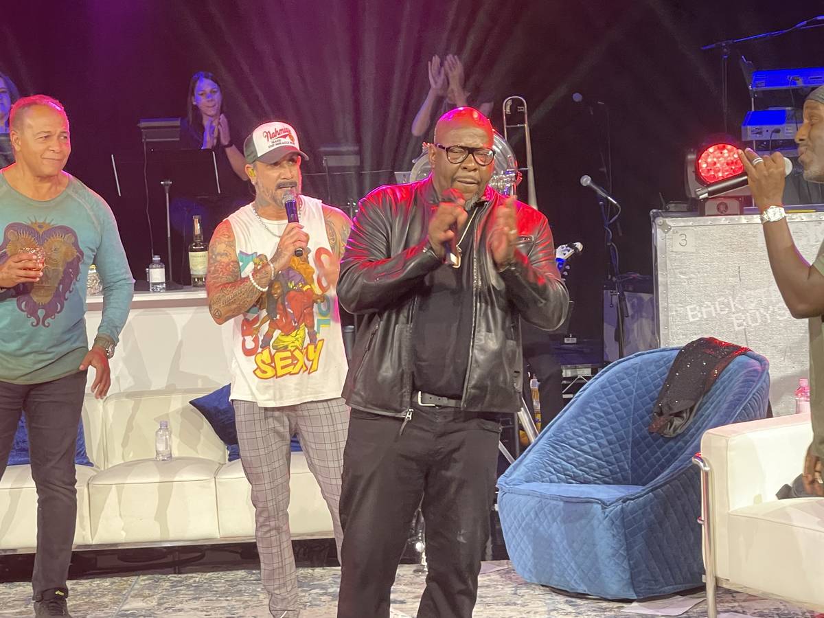 Bobby Brown performs "My Prerogative" with Ray Parker Jr., far left, and AJ McLean of the Backs ...