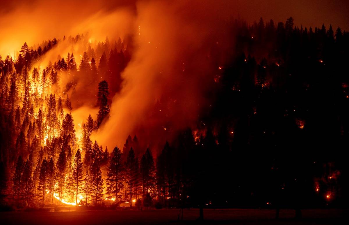 In this long exposure photo, flames from the Dixie Fire spread in Genesee, Calif., on Saturday, ...