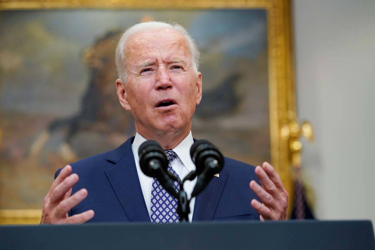 President Joe Biden speaks about the situation in Afghanistan from the Roosevelt Room of the Wh ...