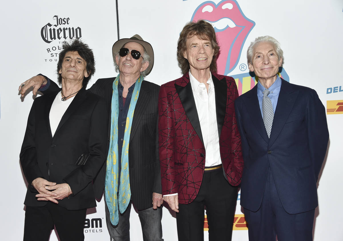 FILE - Members of The Rolling Stones, from left, Ronnie Wood, Keith Richards, Mick Jagger and C ...