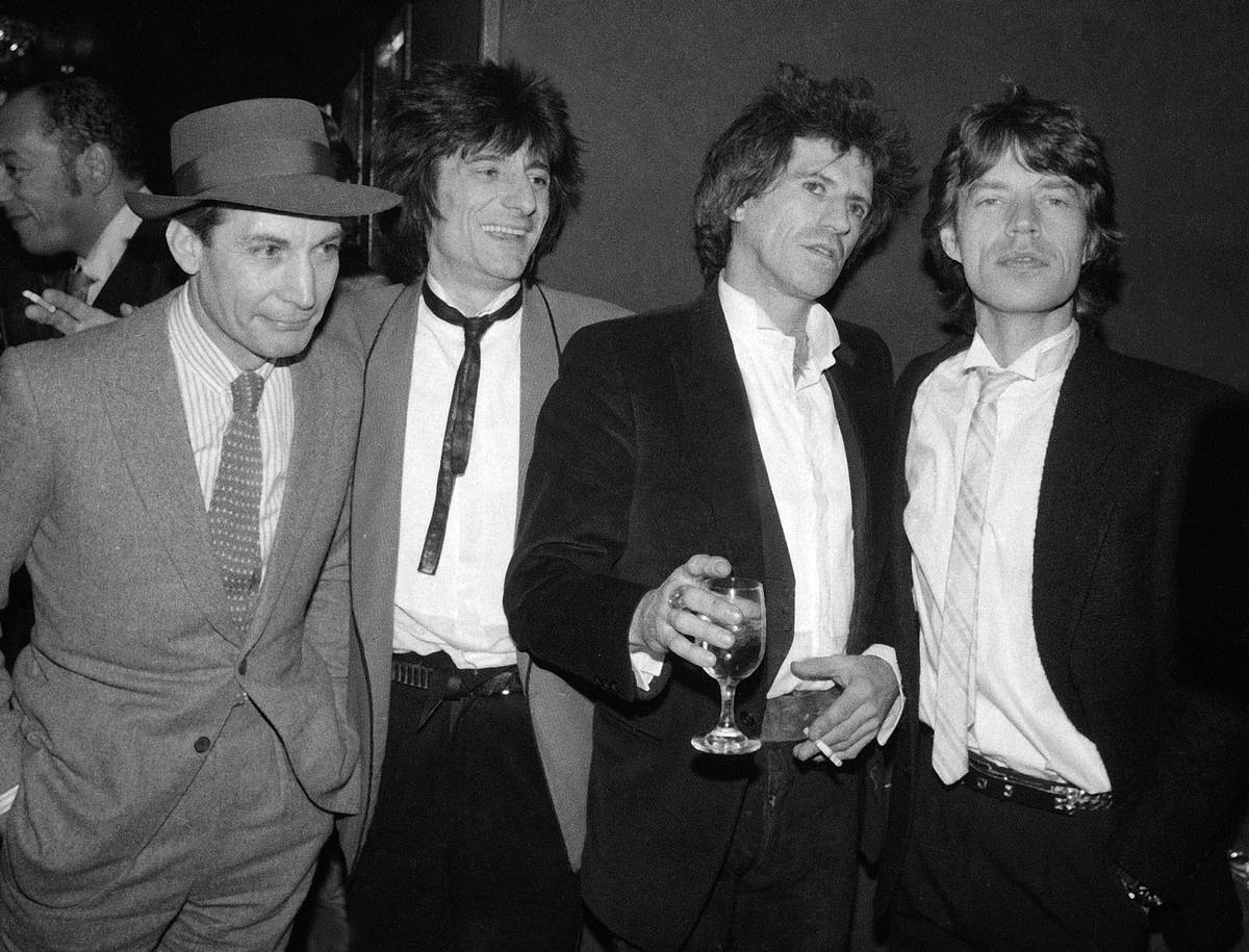 FILE - Members of the Rolling Stones, from left, Charlie Watts, Ron Wood, Keith Richards, and M ...