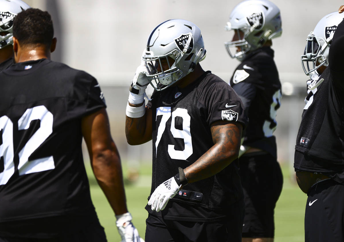 Raiders defensive tackle Darius Stills (79) adjusts his helmet during NFL football practice at ...