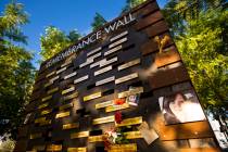The Remembrance Wall for the Route 91 shooting at the Las Vegas Healing Garden in Las Vegas on Sept. 18, 2019. (Chase Ste ...