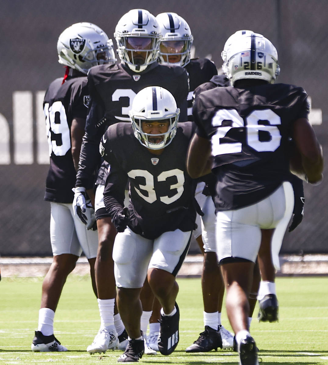 Raiders safety Roderic Teamer (33) participates in drills during training camp at Raiders Headq ...