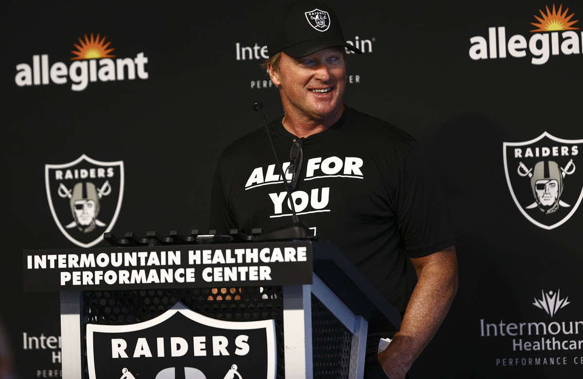 Raiders head coach Jon Gruden responds to questions from members of the media at Raiders Headqu ...