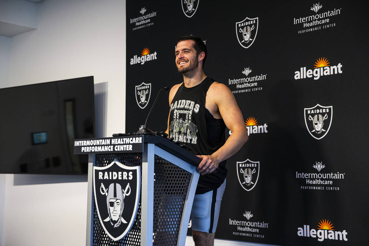 Raiders quarterback Derek Carr responds to questions from members of the media at Raiders Headq ...
