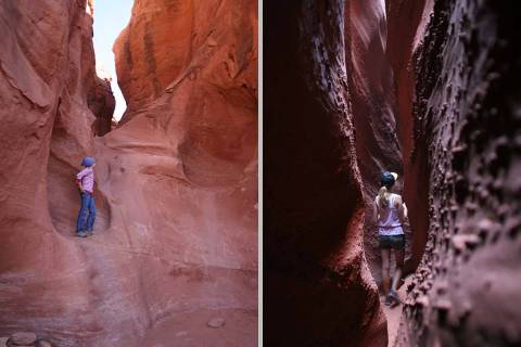 The mouth of Peek-A-Boo Canyon, left. Spooky Canyon is seen on the right. Both of the slot cany ...