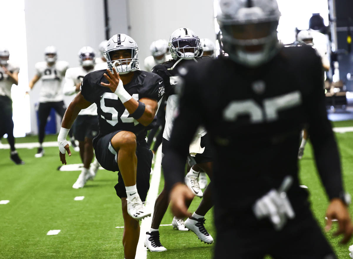 Raiders linebacker Max Richardson warms up during training camp at Raiders Headquarters/Intermo ...