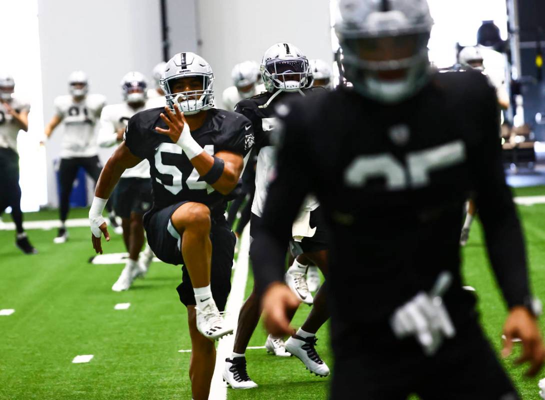 Raiders linebacker Max Richardson warms up during training camp at Raiders Headquarters/Intermo ...