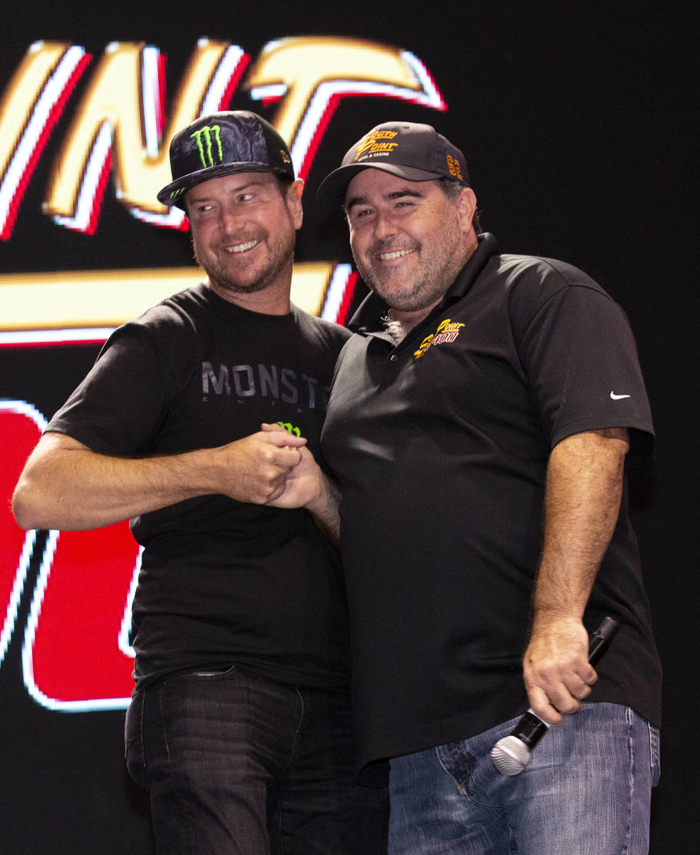 NASCAR driver Kurt Busch, left, and former NASCAR driver Brendan Gaughan, both from Las Vegas, ...