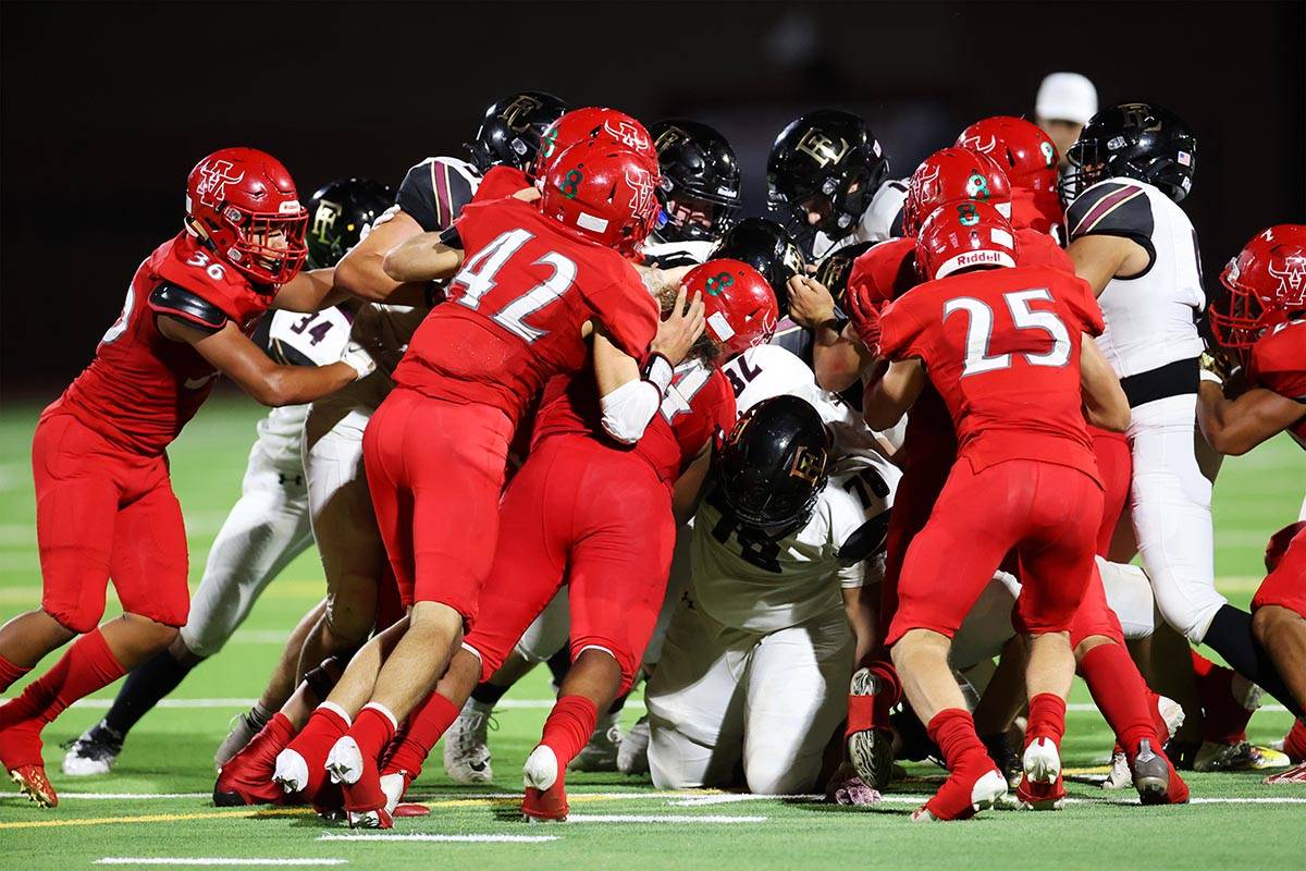 Arbor View defense stops Faith Lutheran on a fourth down attempt during the fourth quarter of a ...