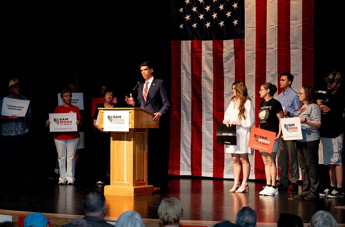 U.S. Senate candidate Sam Brown at the podium in an undated photo. (Sam Brown for Nevada)