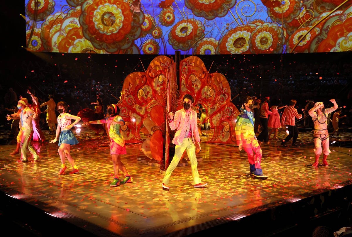 LAS VEGAS, NEVADA - AUGUST 26: Cast members perform during the grand reopening of "The Be ...
