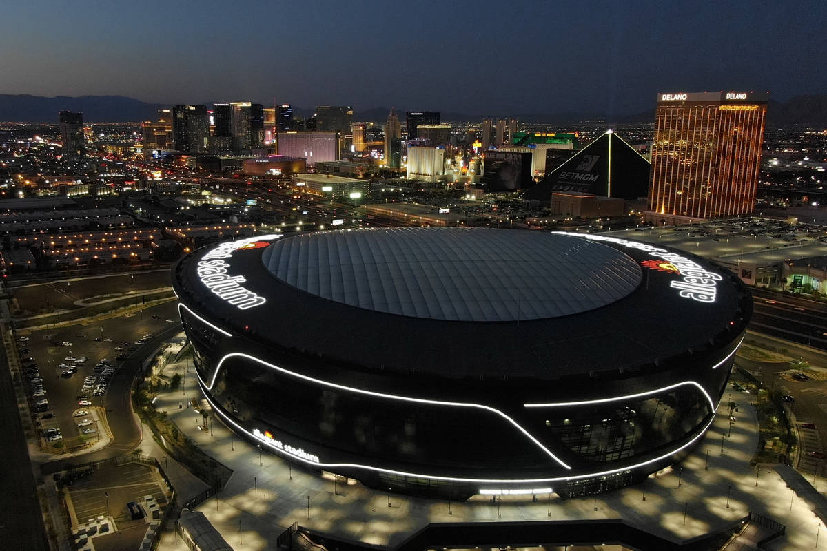 Aerial view of Allegiant Stadium and the Las Vegas Strip on Thursday, August 5, 2021. (Michael ...