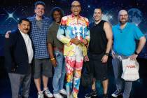 Drag icon RuPaul is shown with members of the cast and crew of "Jimmy Kimmel Live" on Thursday, ...