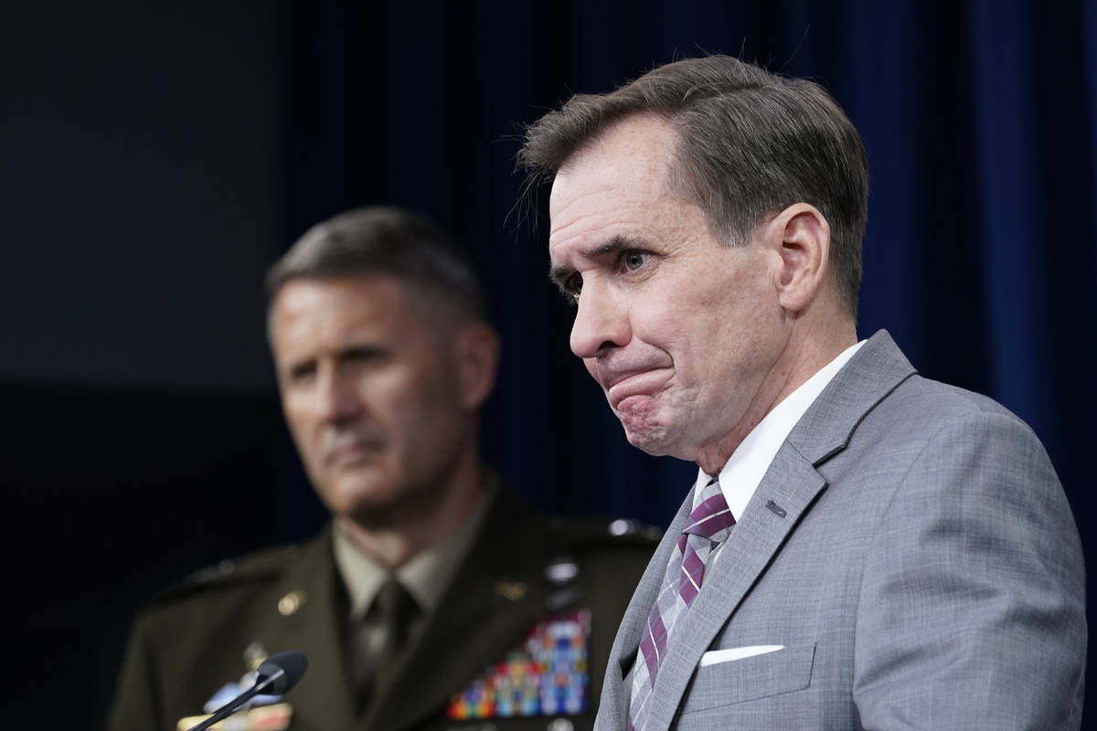 Pentagon spokesman John Kirby, right, and Army Maj. Gen. William "Hank" Taylor, left, ...