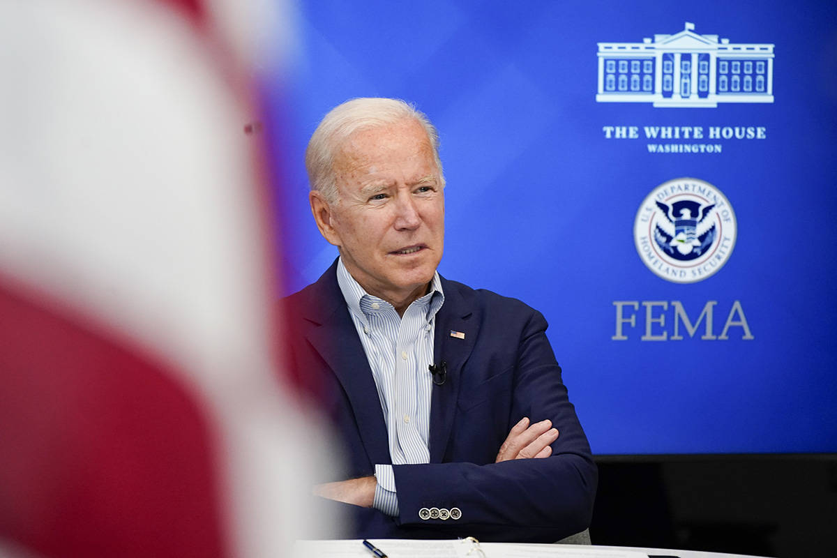 President Joe Biden listens during a FEMA briefing on Hurricane Ida in the South Court Auditori ...