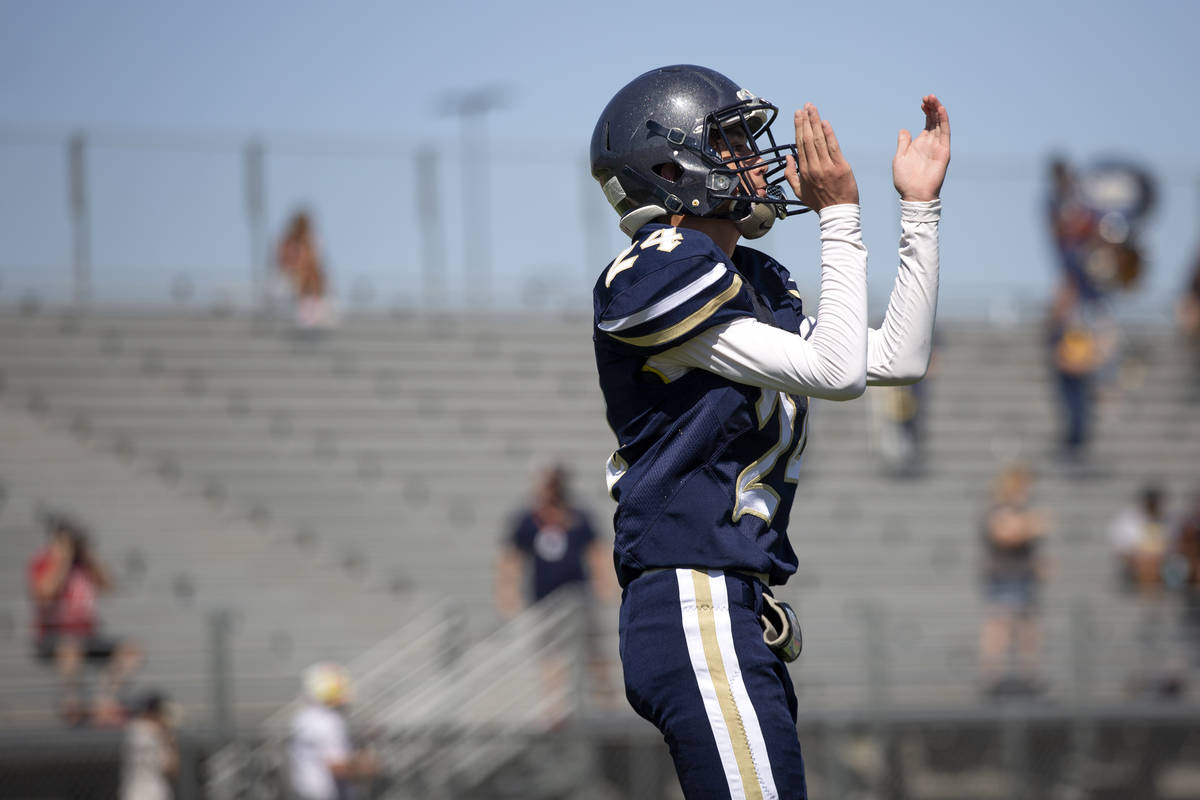 Cheyenne running back Jaden Labonte (24) claps for his team during a football game against Clar ...