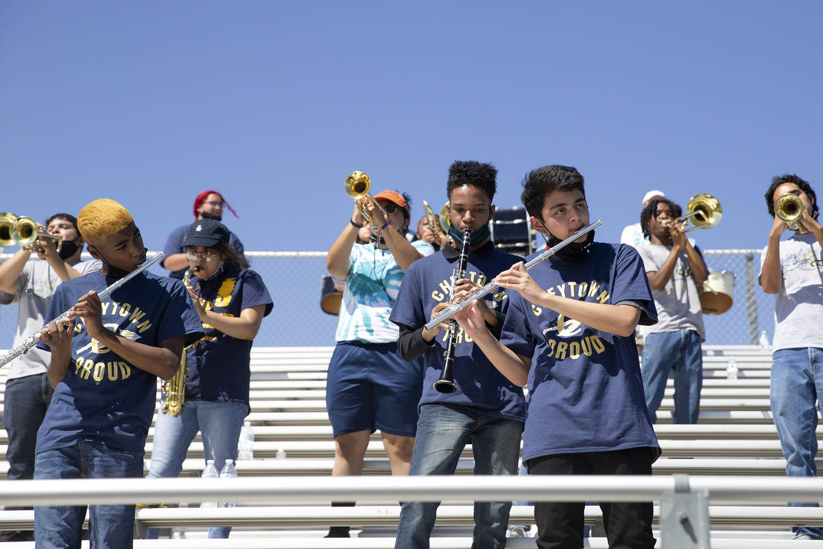 The Cheyenne marching band performs during a football game against Clark High School at Cheyenn ...