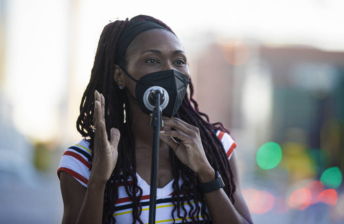 Tamika Shauntee, vice president of the local chapter of the NAACP, speaks during an event again ...