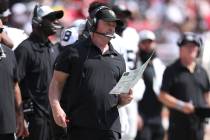Las Vegas Raiders head coach Jon Gruden looks on during the second half of an NFL preseason foo ...