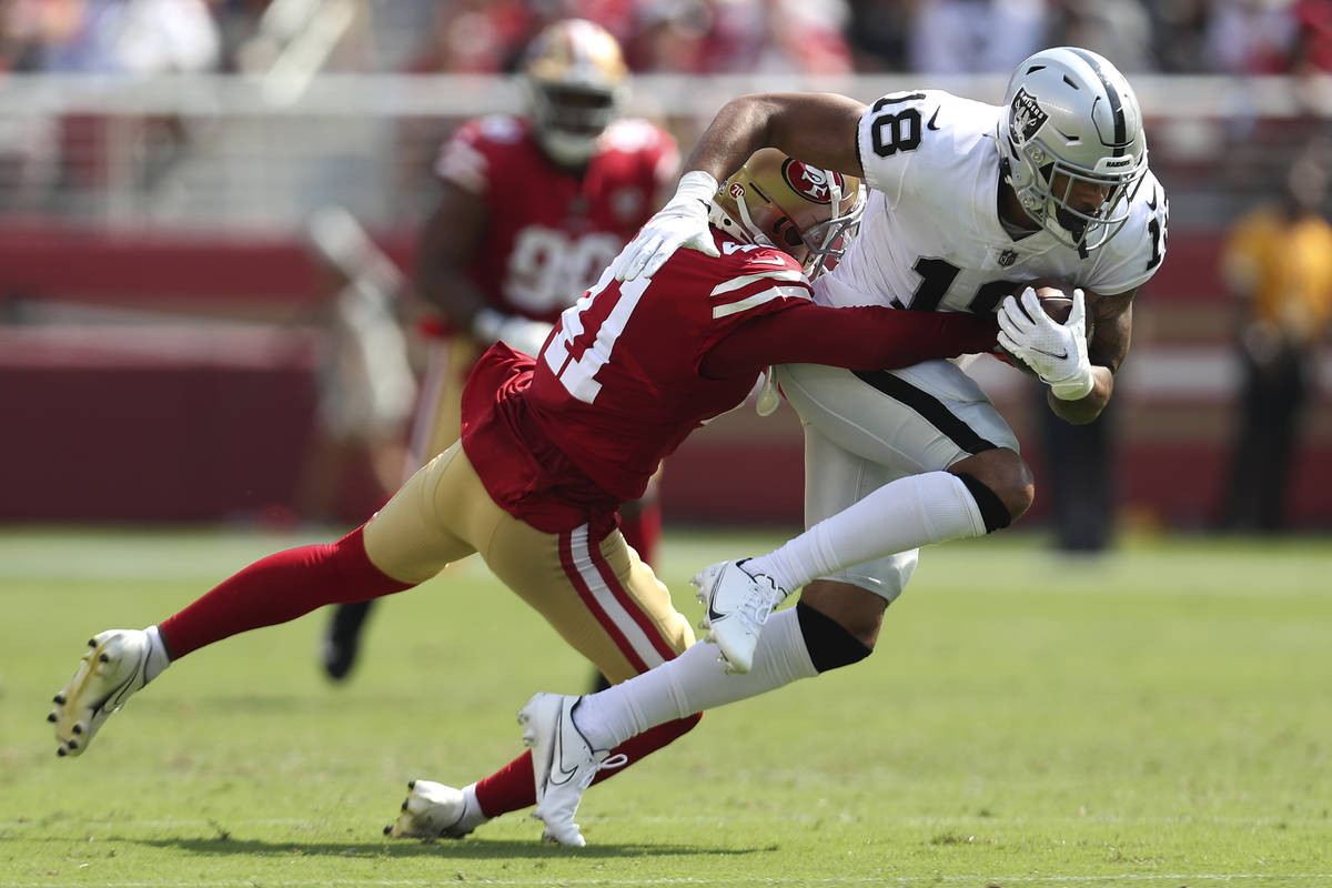 Las Vegas Raiders wide receiver Keelan Doss (18) runs against San Francisco 49ers' Alexander My ...