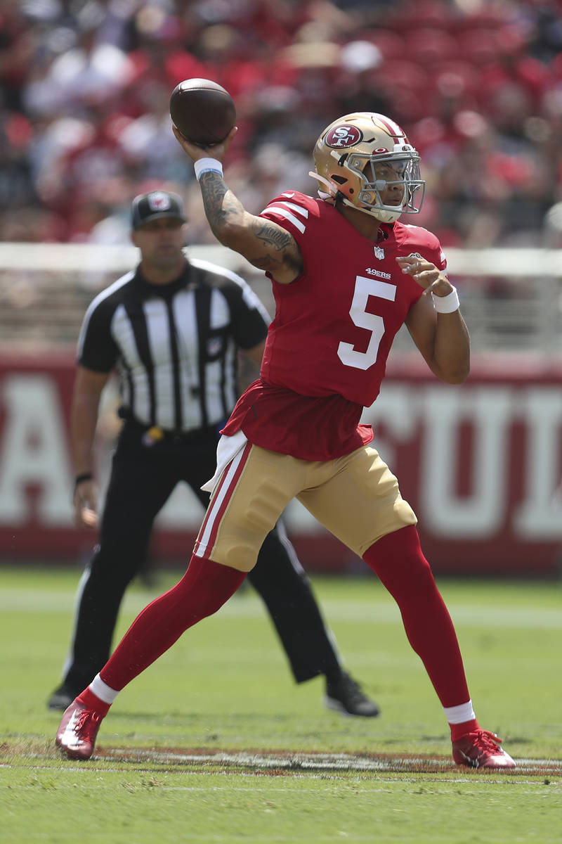 San Francisco 49ers quarterback Trey Lance (5) against the Las Vegas Raiders during the first h ...