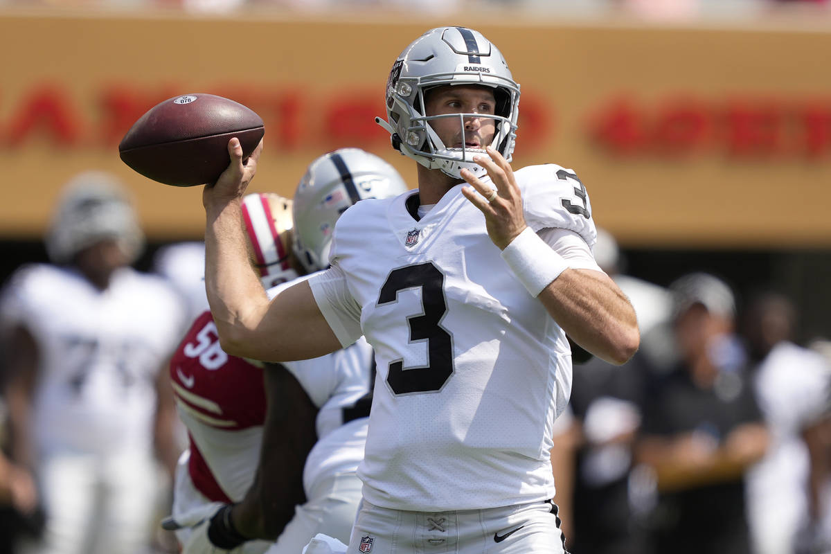 Las Vegas Raiders quarterback Nathan Peterman (3) passes against the San Francisco 49ers during ...