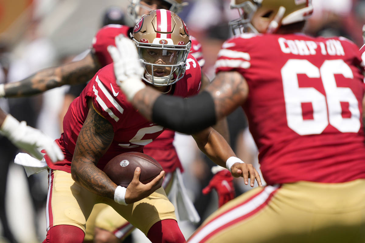 San Francisco 49ers quarterback Trey Lance against the Las Vegas Raiders during the first half ...