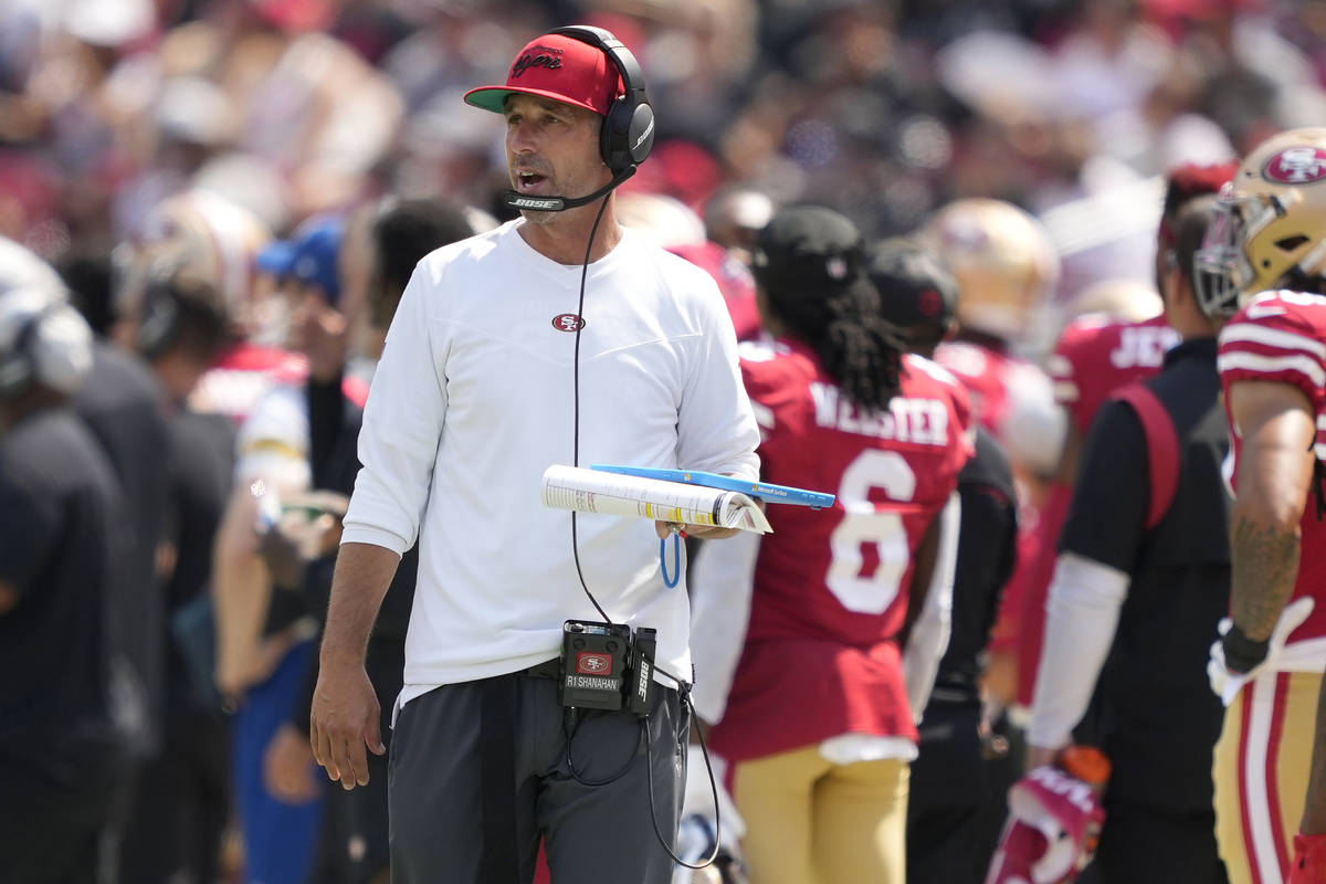 San Francisco 49ers head coach Kyle Shanahan walks on the sideline during the first half of an ...
