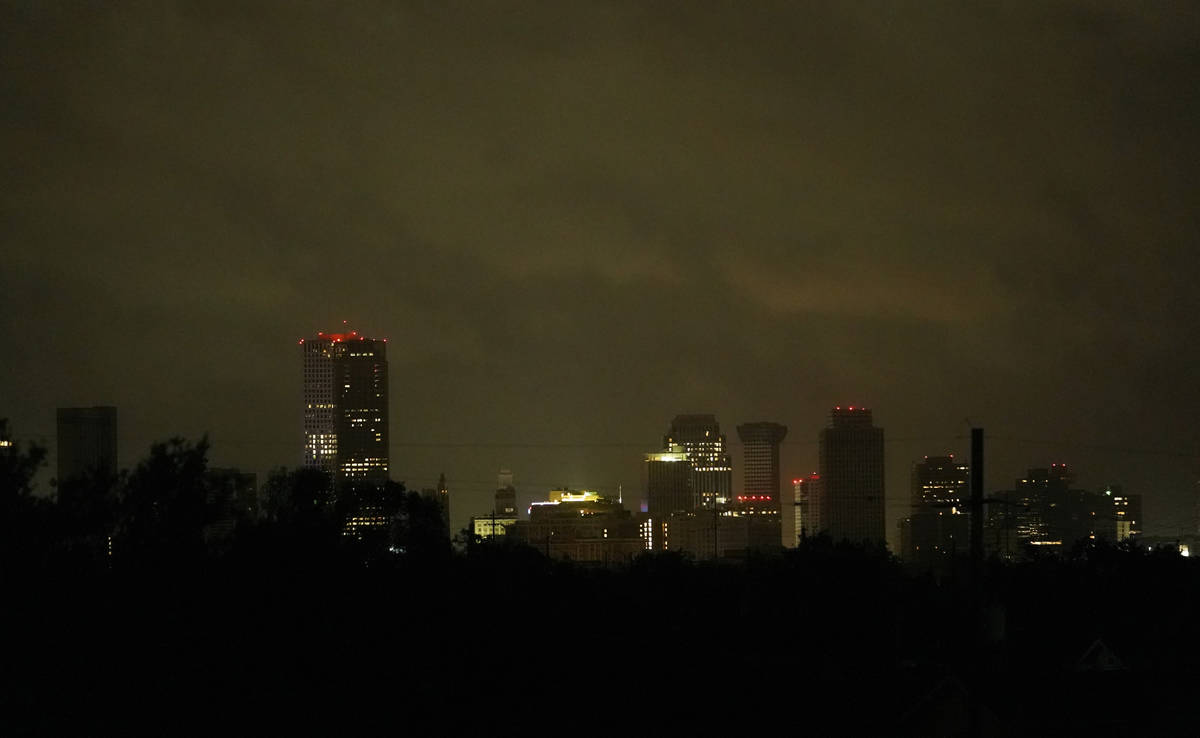 Downtown buildings are lit by backup generators after Hurricane Ida knocked out power to the ci ...