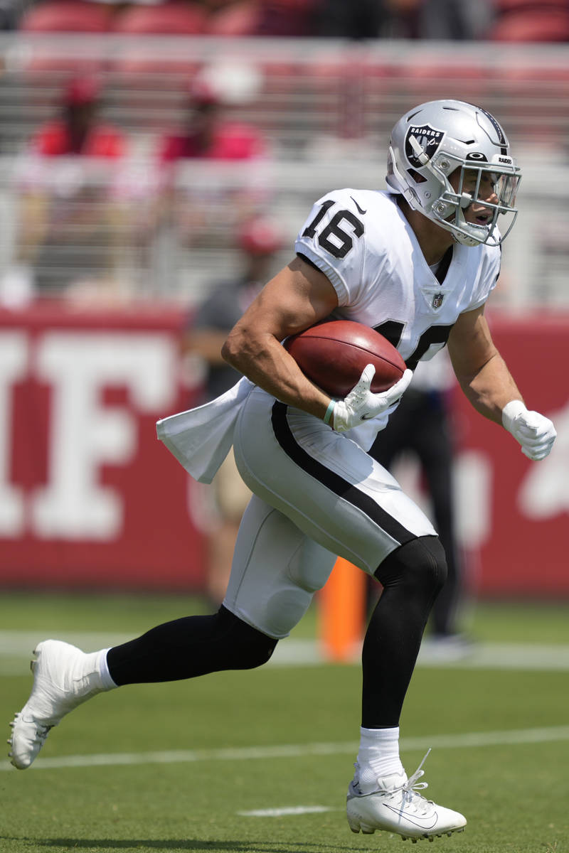 Las Vegas Raiders wide receiver Dillon Stoner (16) against the San Francisco 49ers during an NF ...
