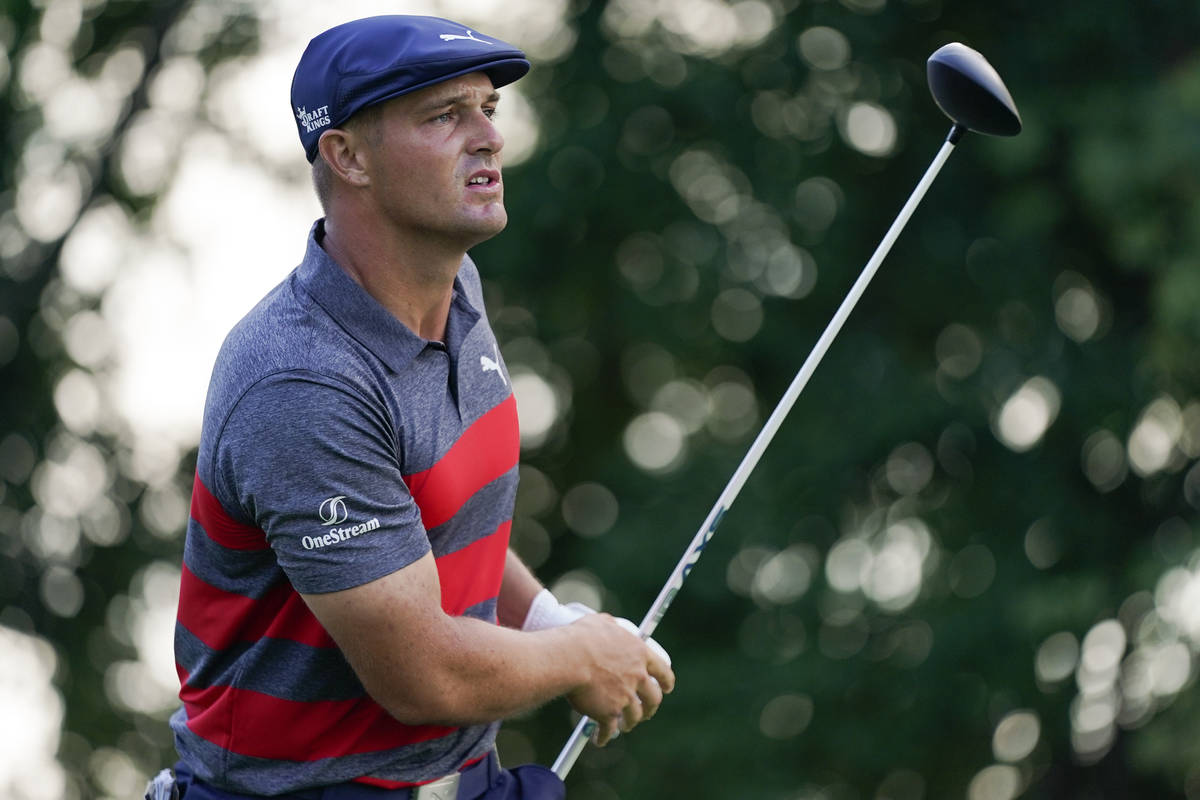 Bryson DeChambeau tees off from the 18th hole during the final round of the BMW Championship go ...