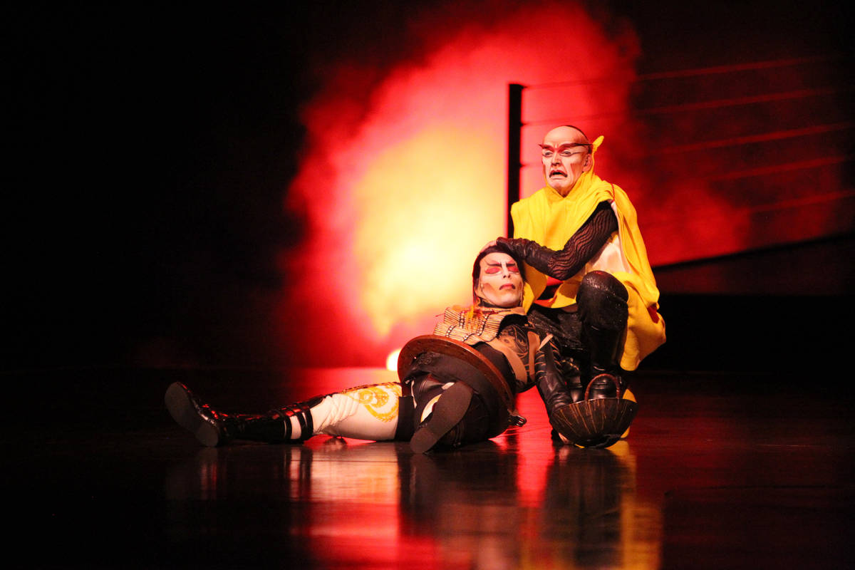Performers with Cirque du Soleil show "Ka" perform the battle scene during a media event at the ...