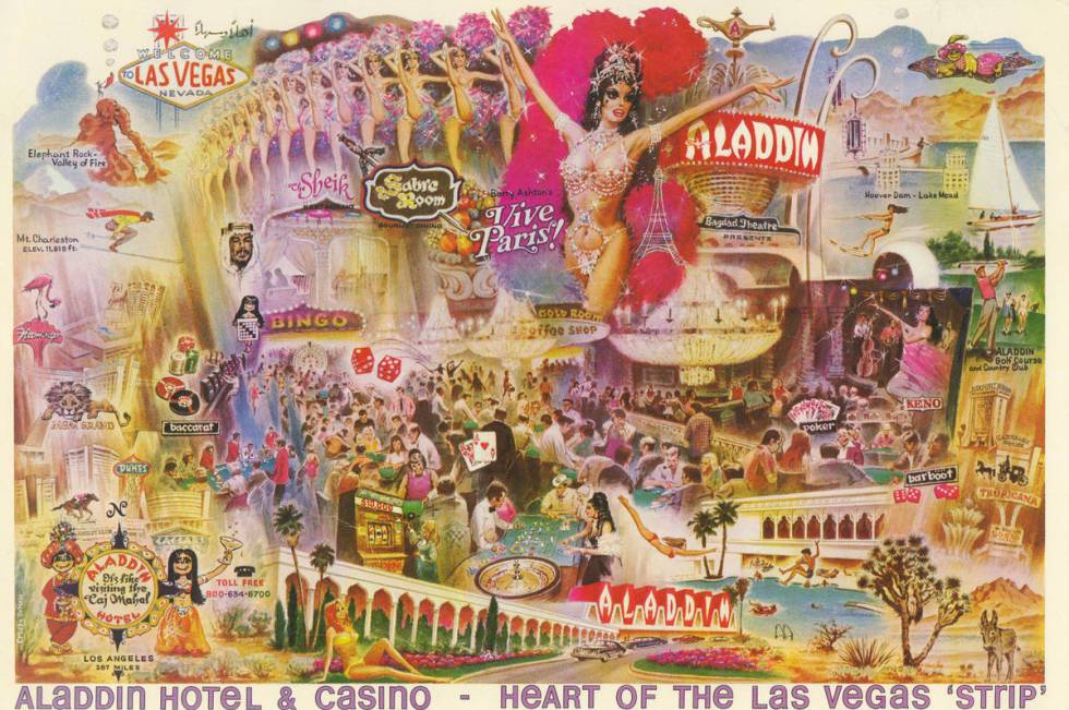  Historic Nevada postcard showcasing the Aladdin Hotel connected  the Las Vegas Strip.