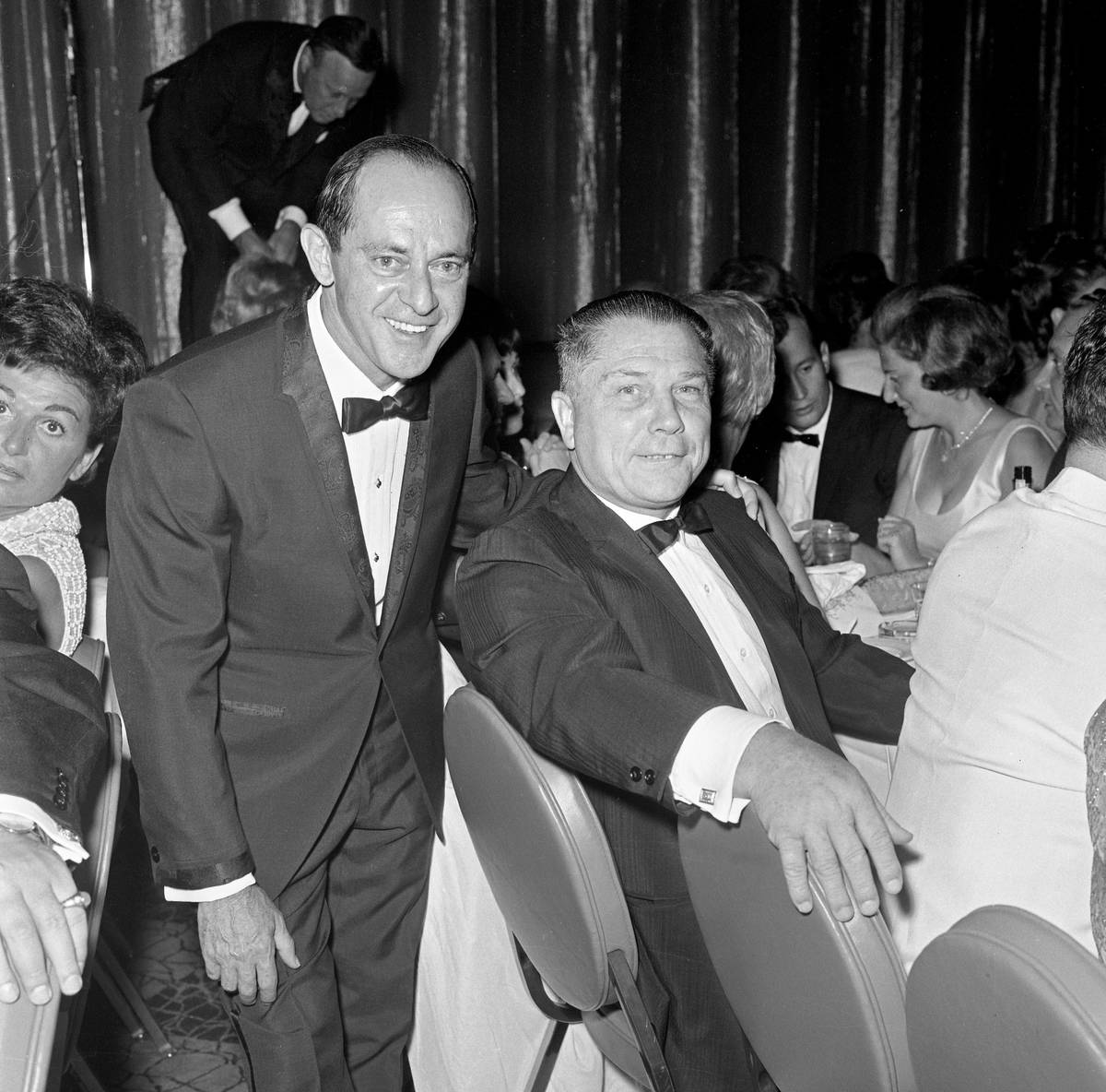 Caesars President Nate Jacobson poses with Jimmy Hoffa during the grand opening of Caesars Pala ...