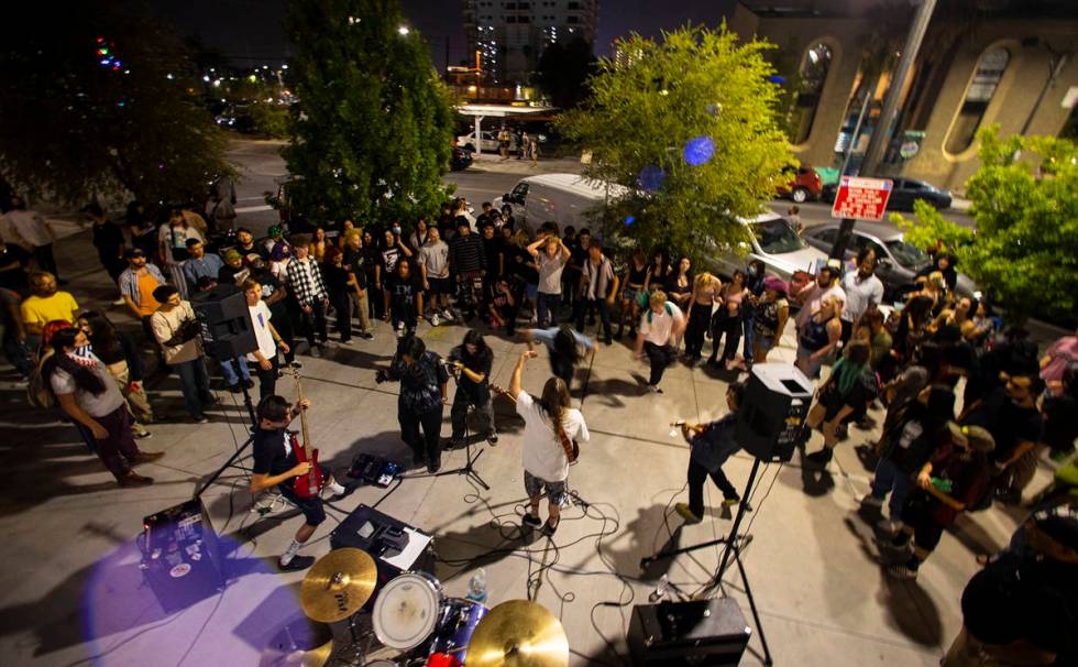 during First Friday in the Arts District of downtown Las Vegas on Friday, Aug. 6, 2021. (Chase ...