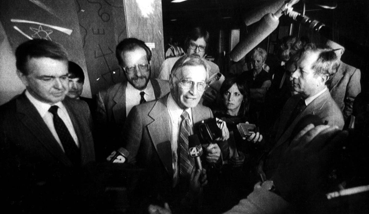 U.S. District Judge Harry Claiborne talks to reporters after the jury in his political corrupti ...