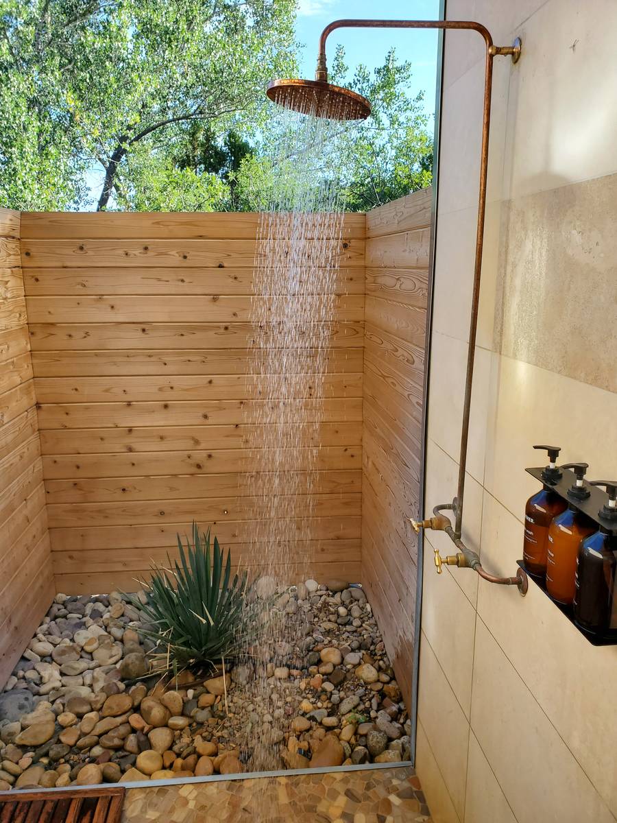 An outdoor shower at Yonder Escalante. (Frank Rinella)
