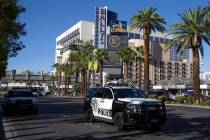 Metropolitan police patrol Las Vegas Boulevard during Labor Day weekend on Saturday, Sept. 4, 2 ...