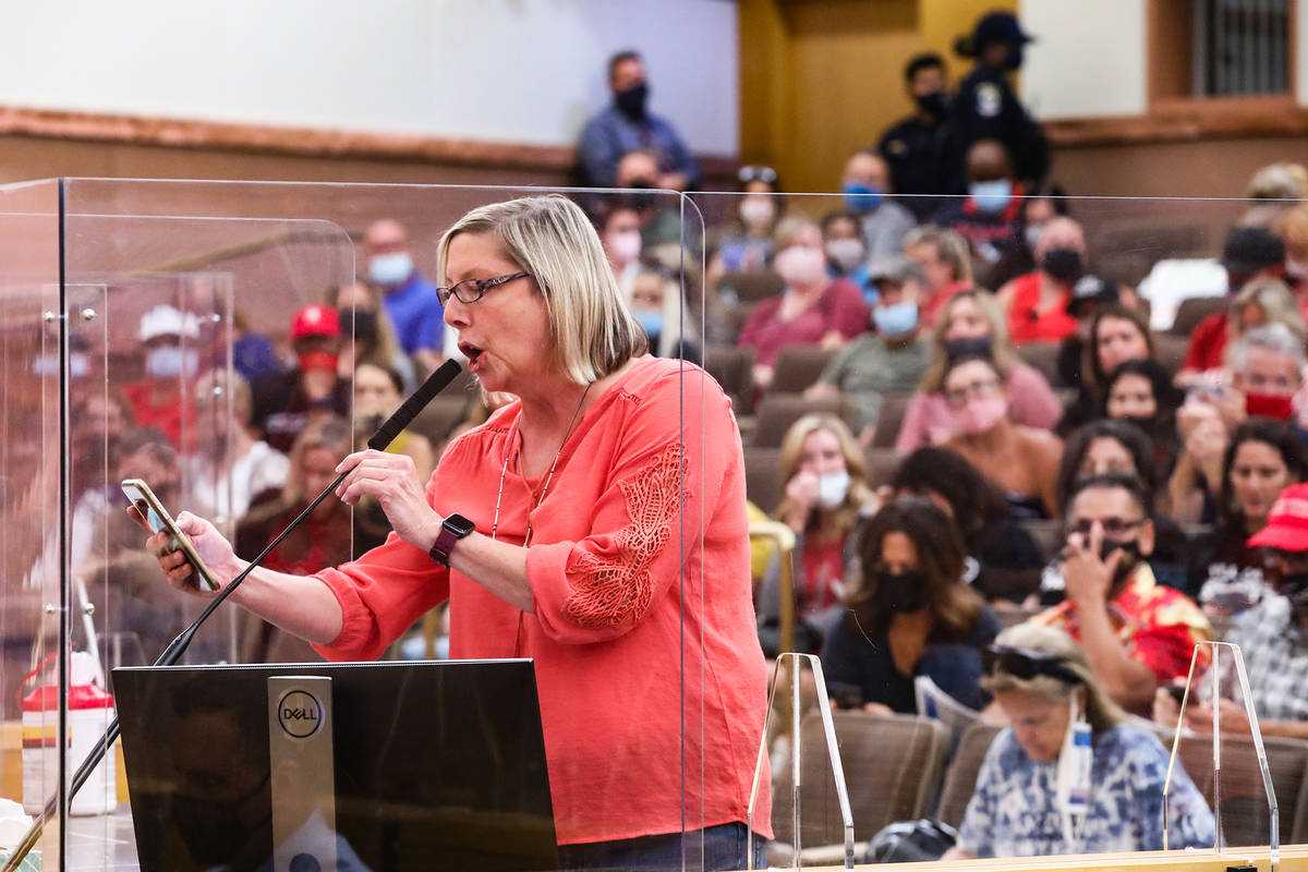 Kathy Stevens, a teach with the Clark County School District, speaks during public comment at a ...