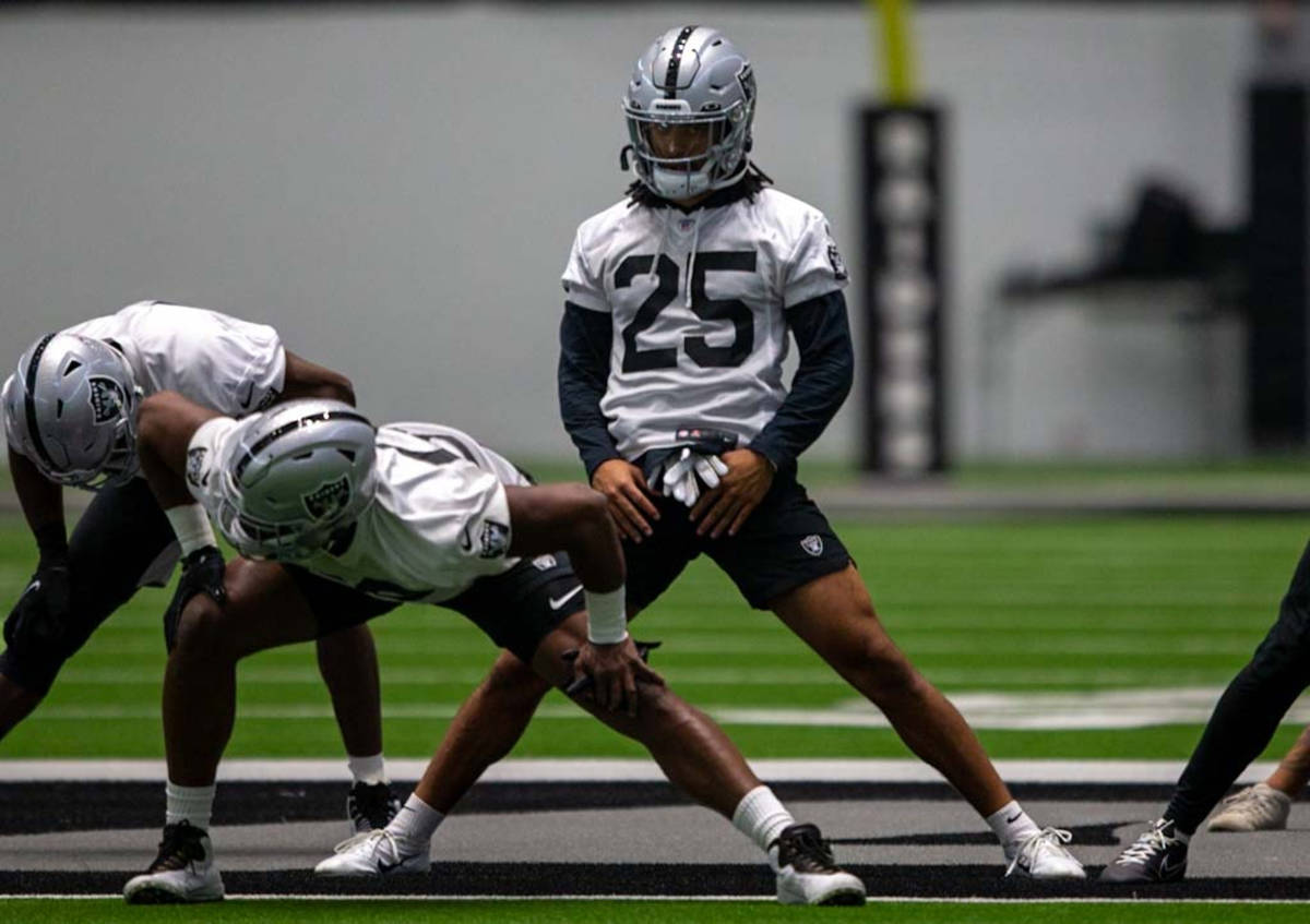 Raiders safety Tre’von Moehrig (25) warms up during team practice at the Raiders Headqua ...