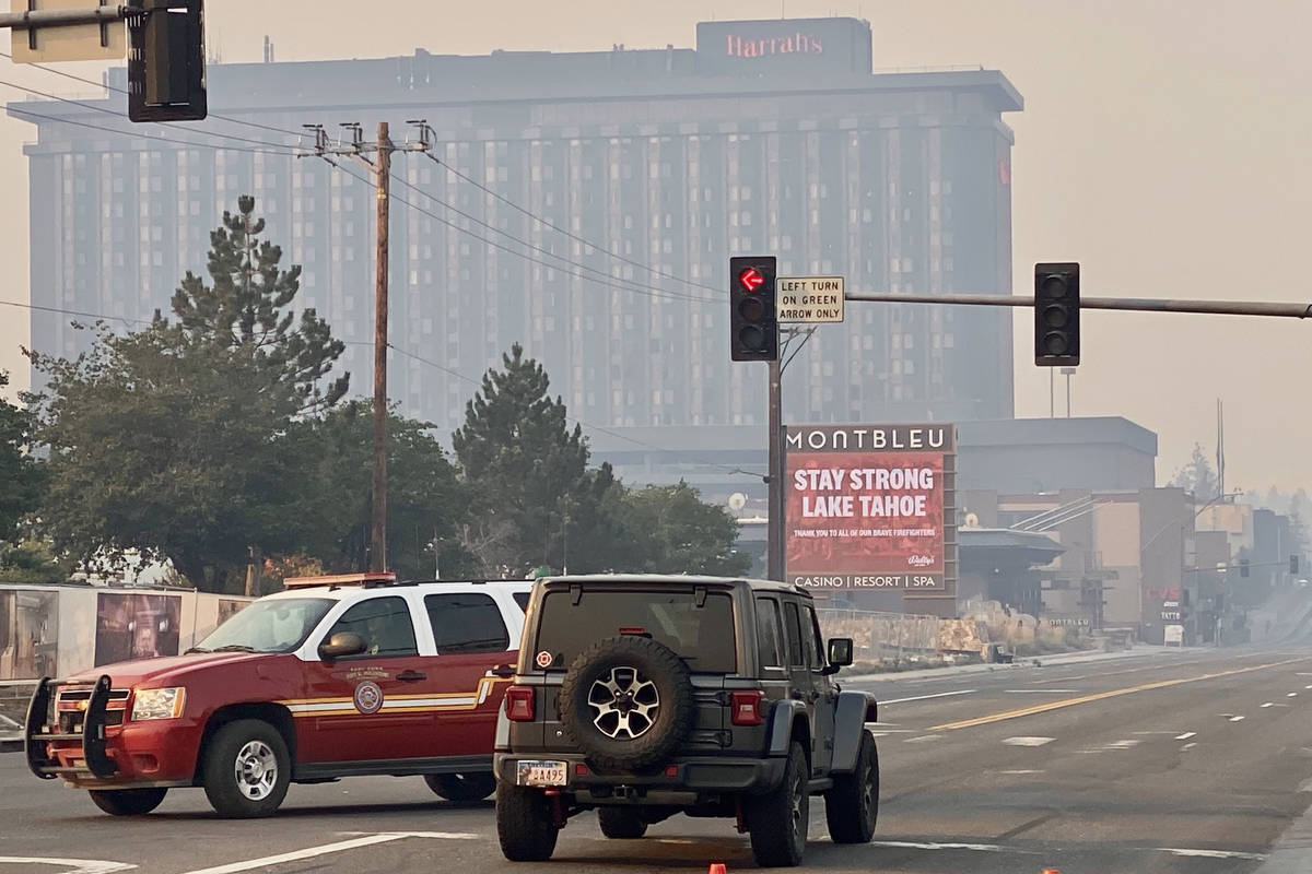 Harrah's Lake Tahoe is seen in Stateline, Nev., as smoke from the Caldor Fire fills the air, We ...